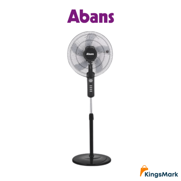 Abans 16-inch stand fan with 5 blades, 3 speeds, 60w power, overheat protection, and 12-month warranty